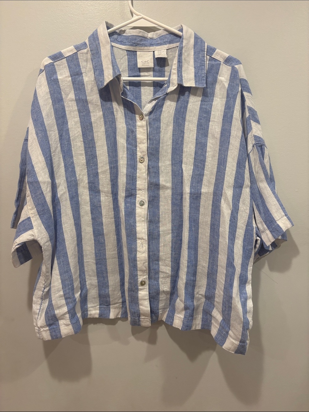 C&C California Blue White Vertical Stripe Linen  ptp 25 by 25 button included
